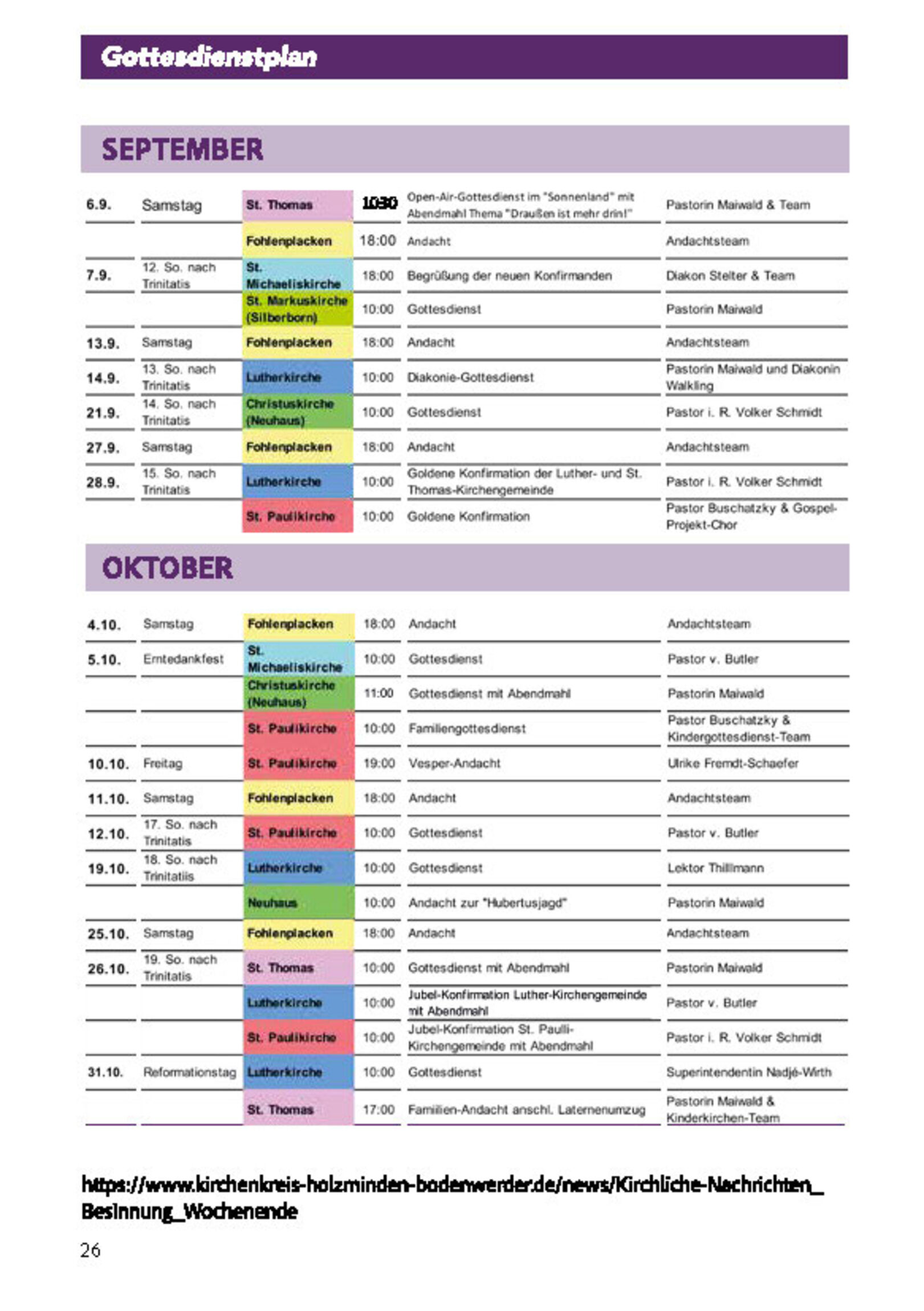 Gottesdienstplan September bis Oktober 2025