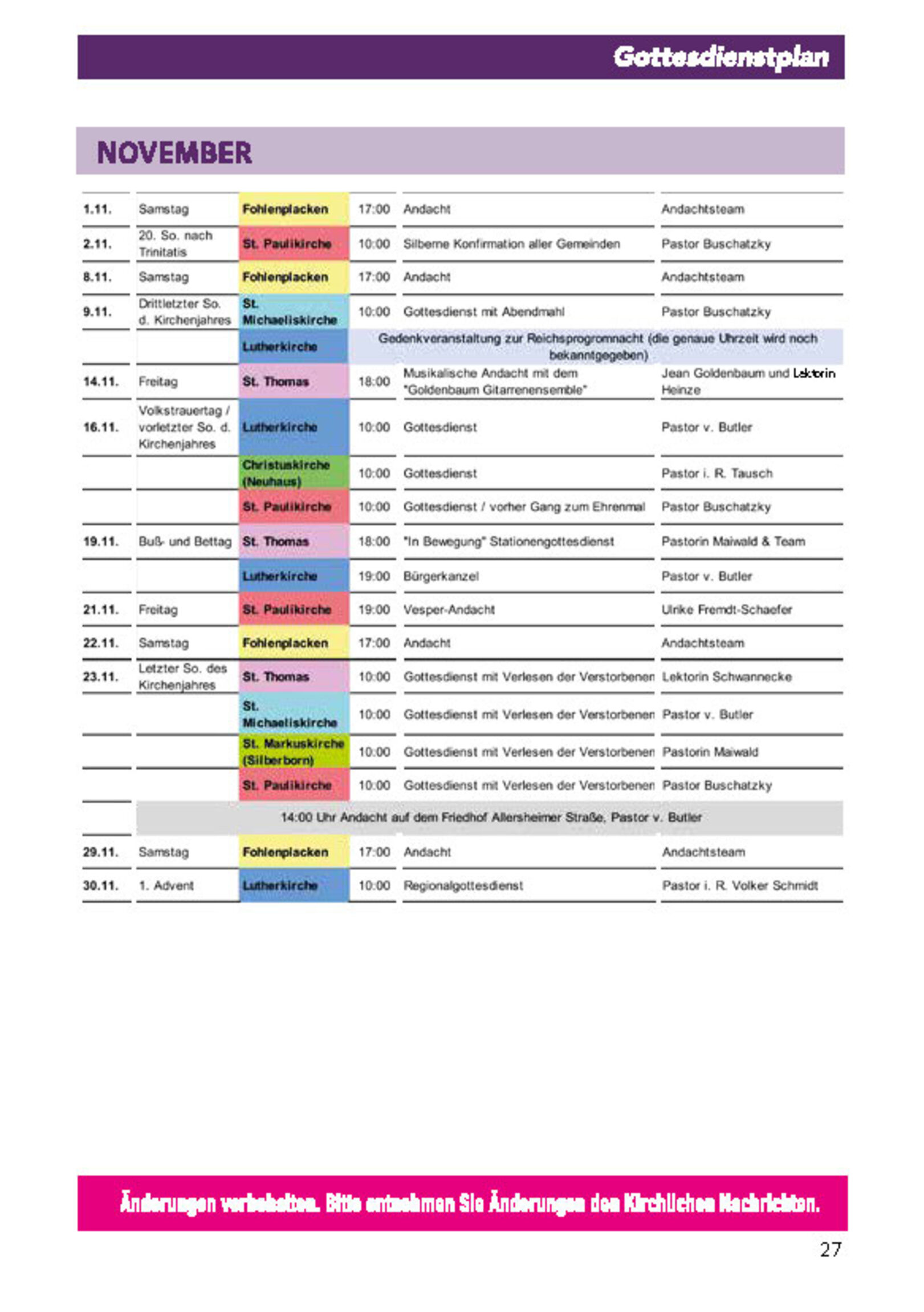 Gottesdienstplan November 2025