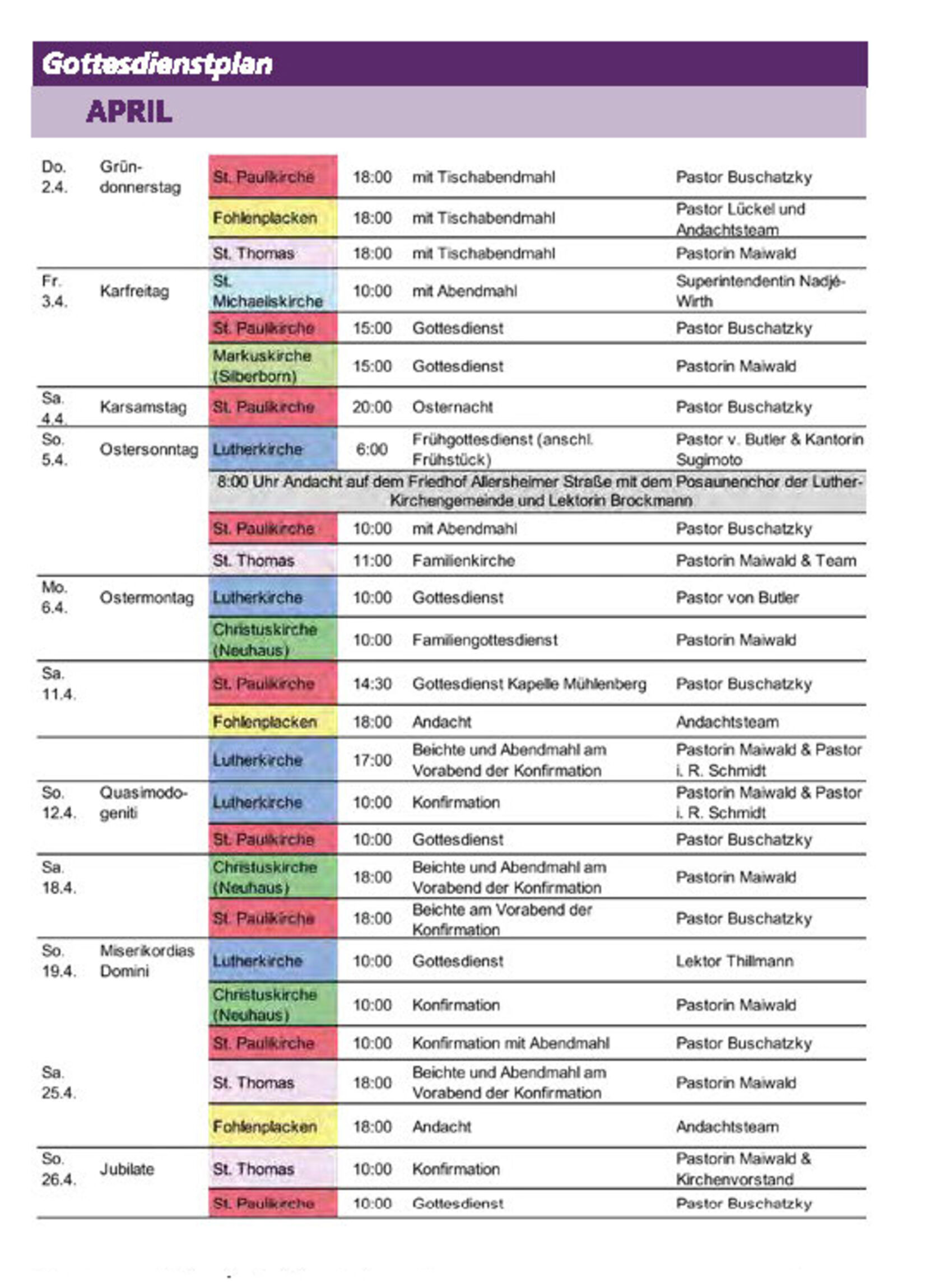 Gottesdienstplan für den Monat April 2026