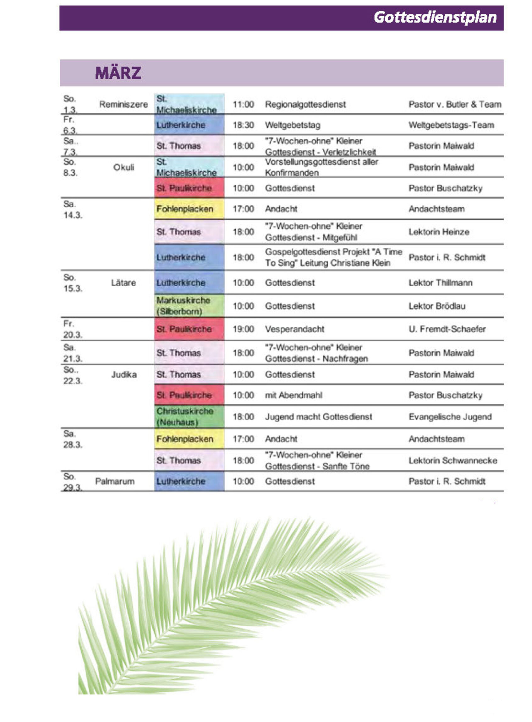 Gottesdienstplan für den Monat März 2026