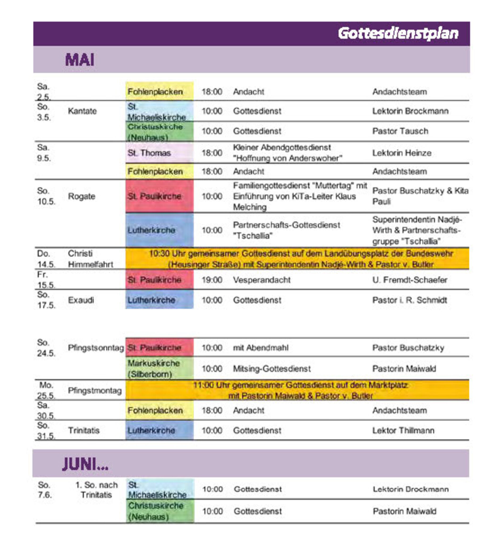 Gottesdienstplan für den Monat Mai 2026