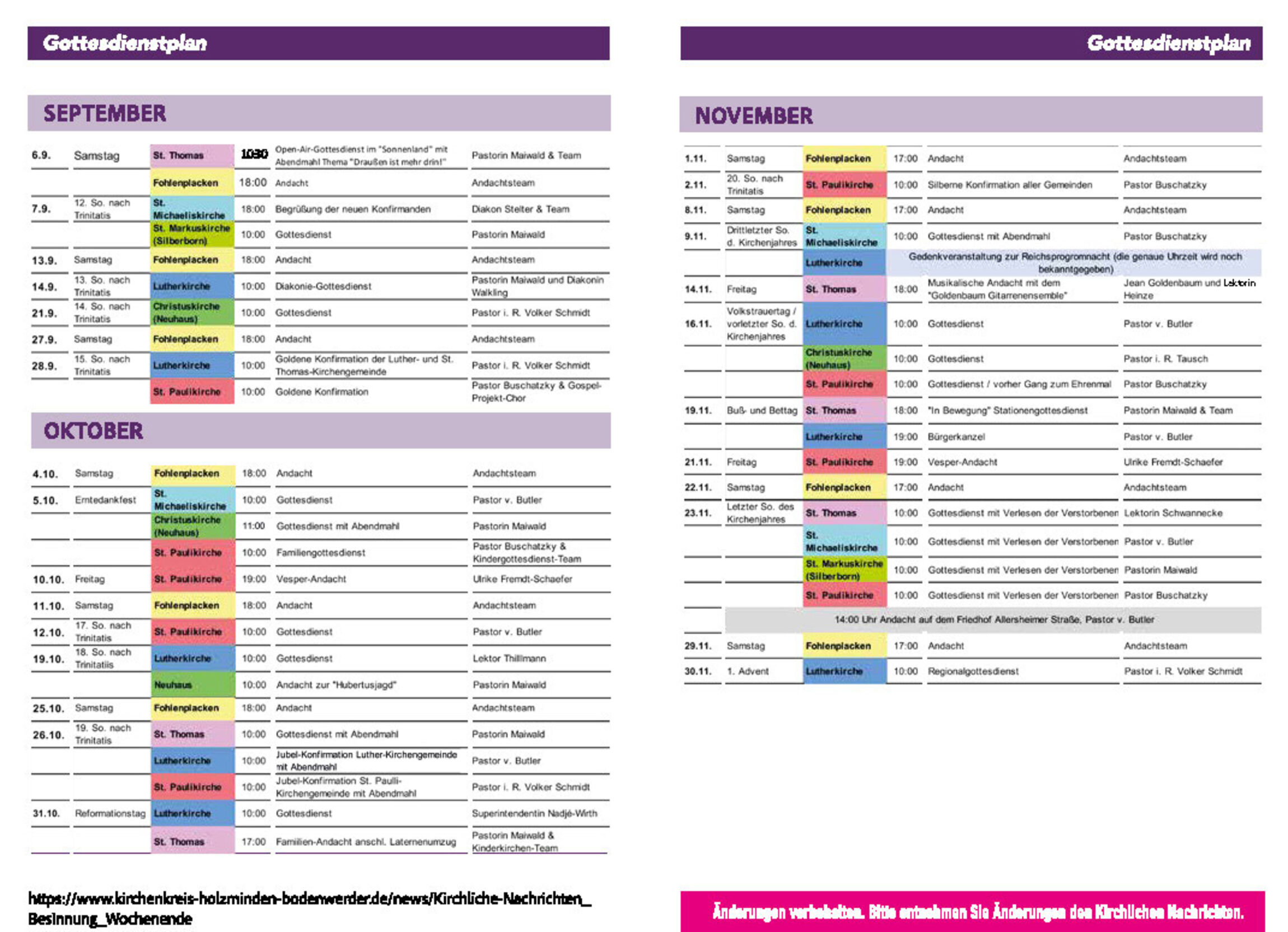 Gottesdienstplan von September bis November 2025