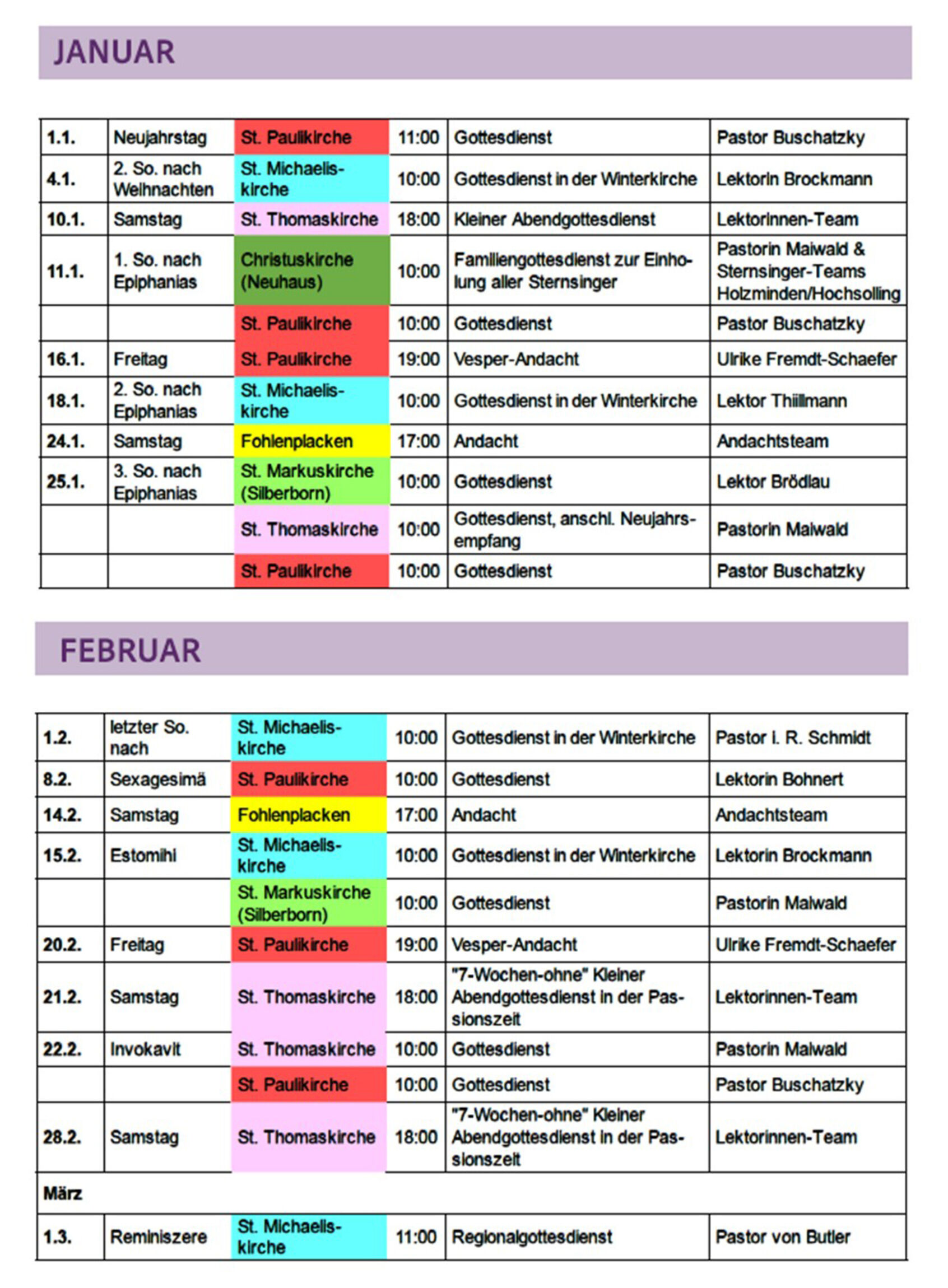 Gottesdienstplan für Januar und Februar 2026