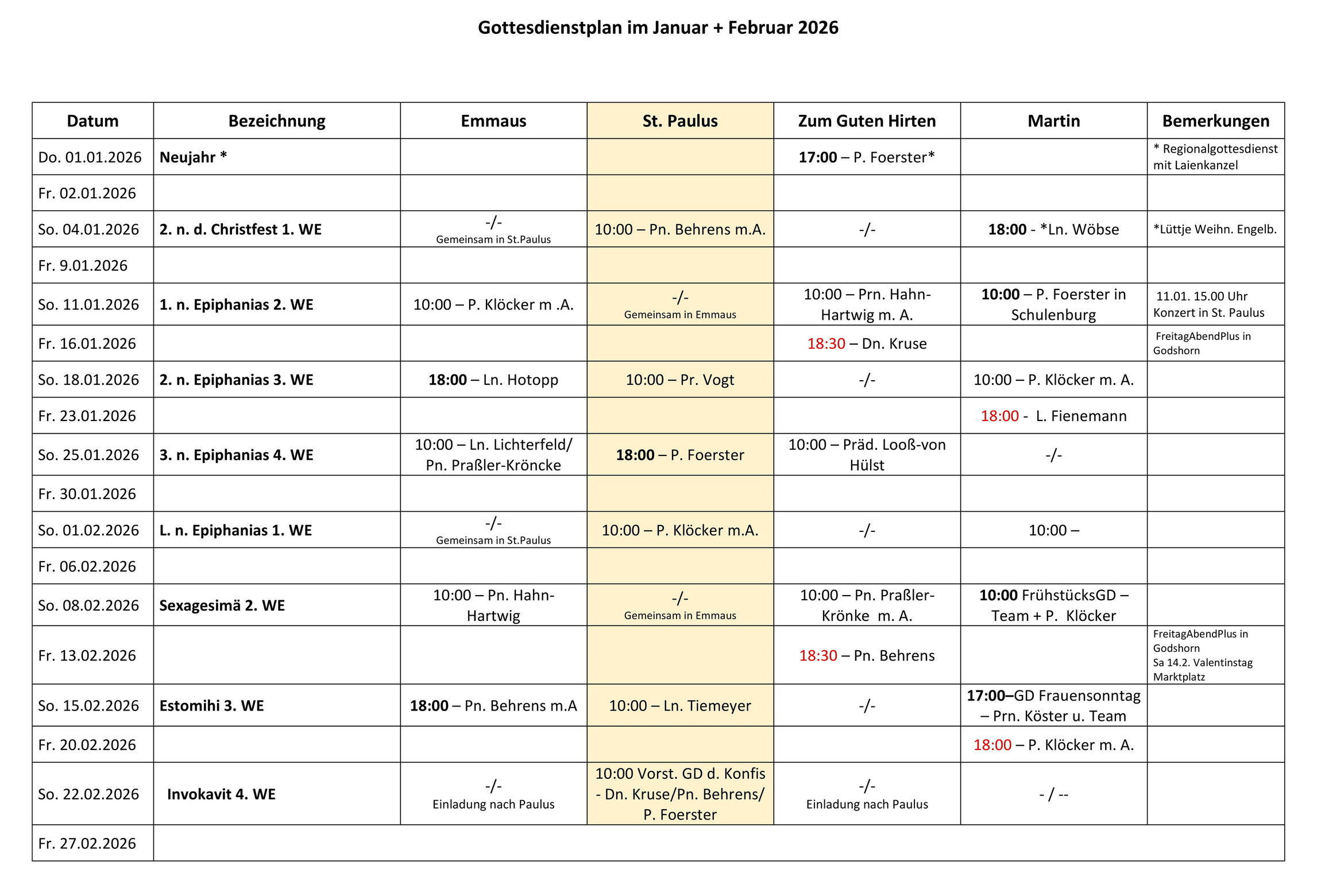 Gottesdienstplan für Januar und Februar