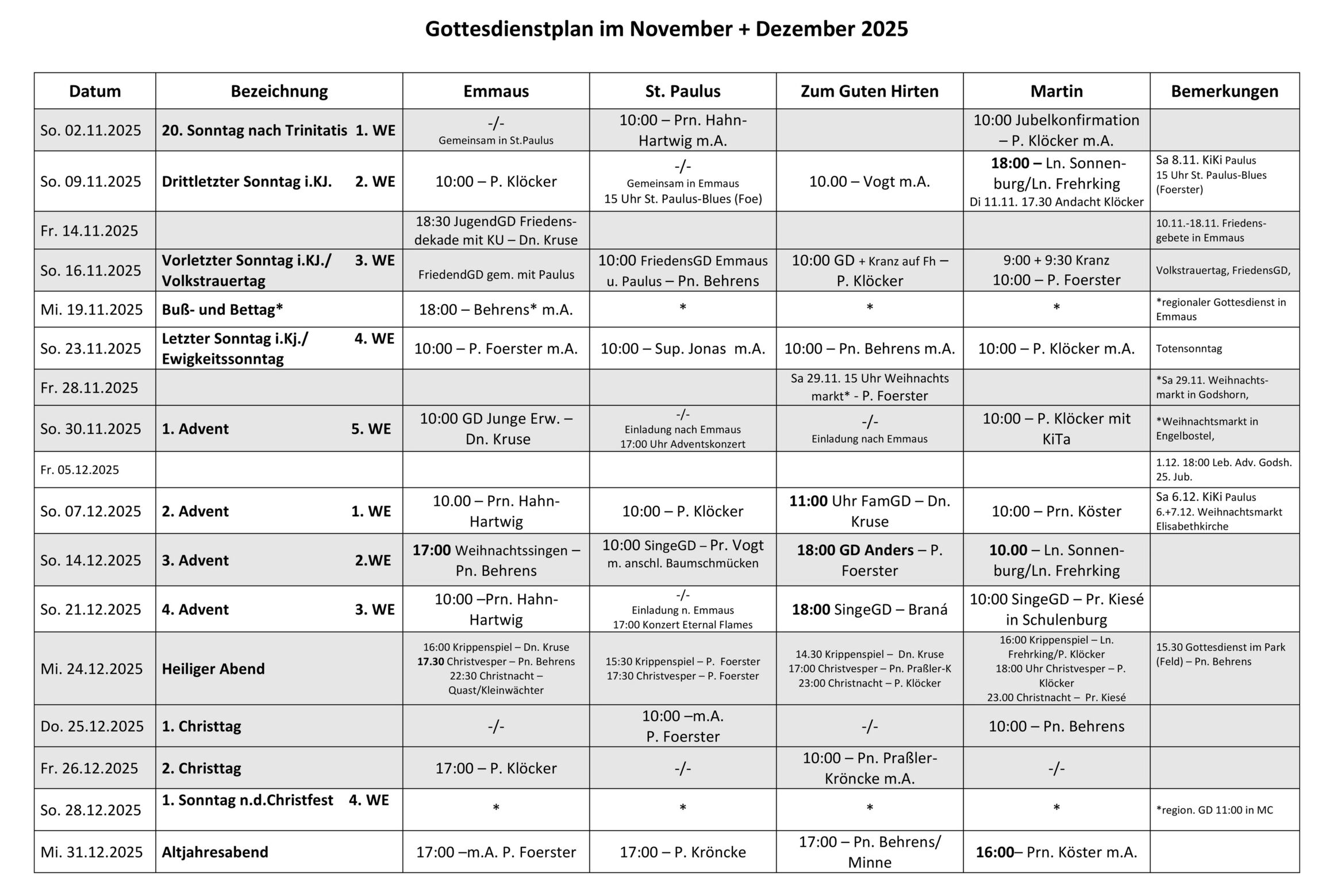 Gottesdienstplan für November und Dezember