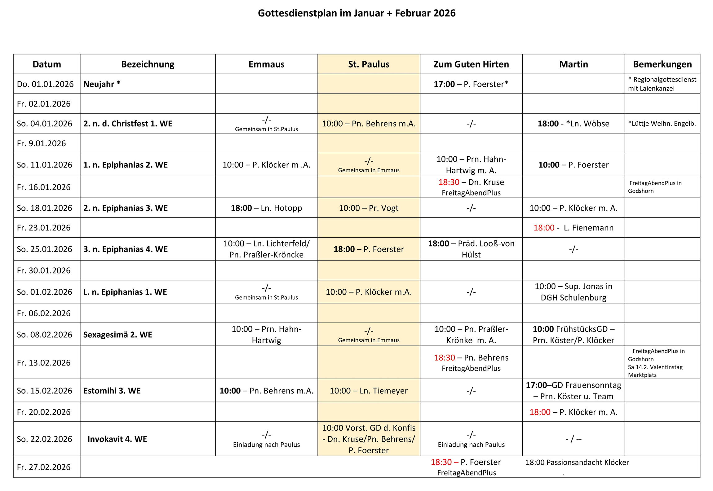 Gottesdienstplan Januar und Februar
