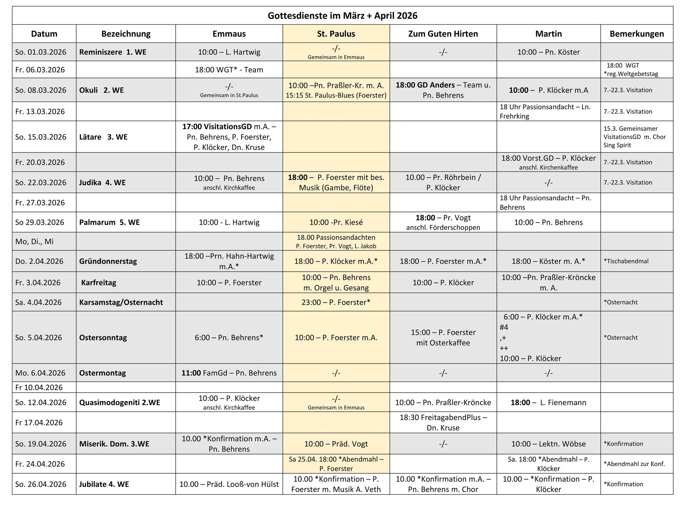 Gottesdienstplan März und April