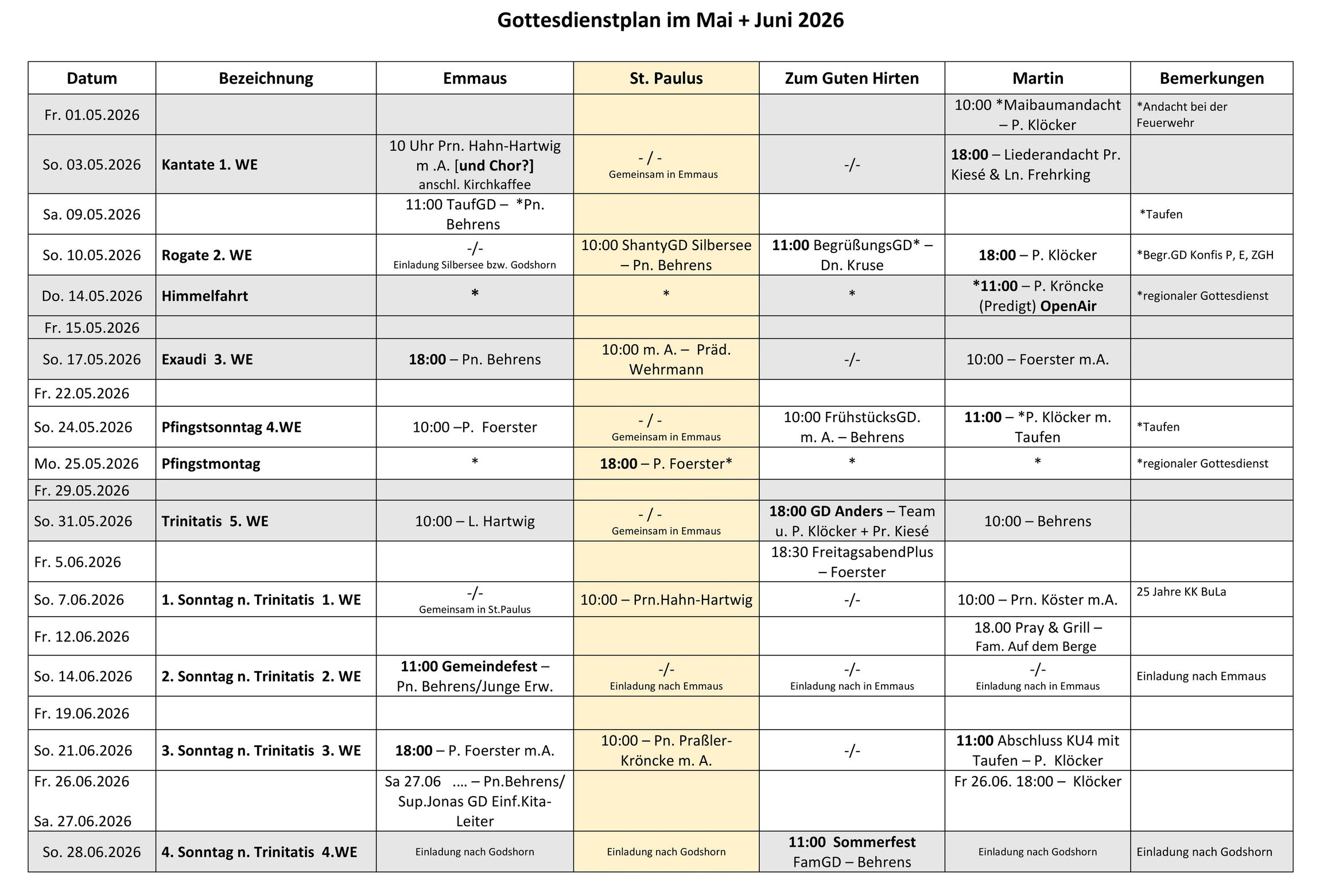Gottesdienstplan Mai und Juni