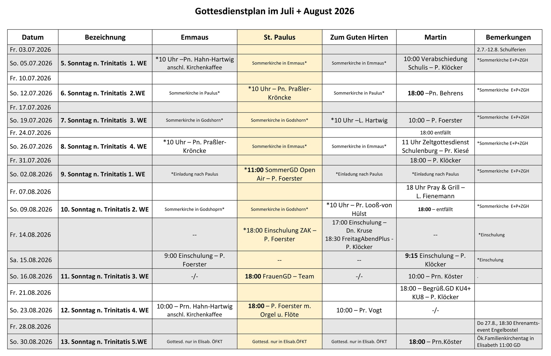 Gottesdienstplan Juli un August