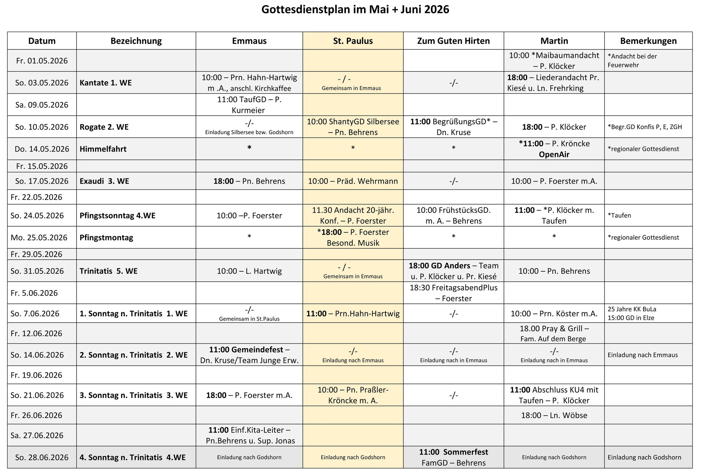 Gottesdienstplan Mai und Juni