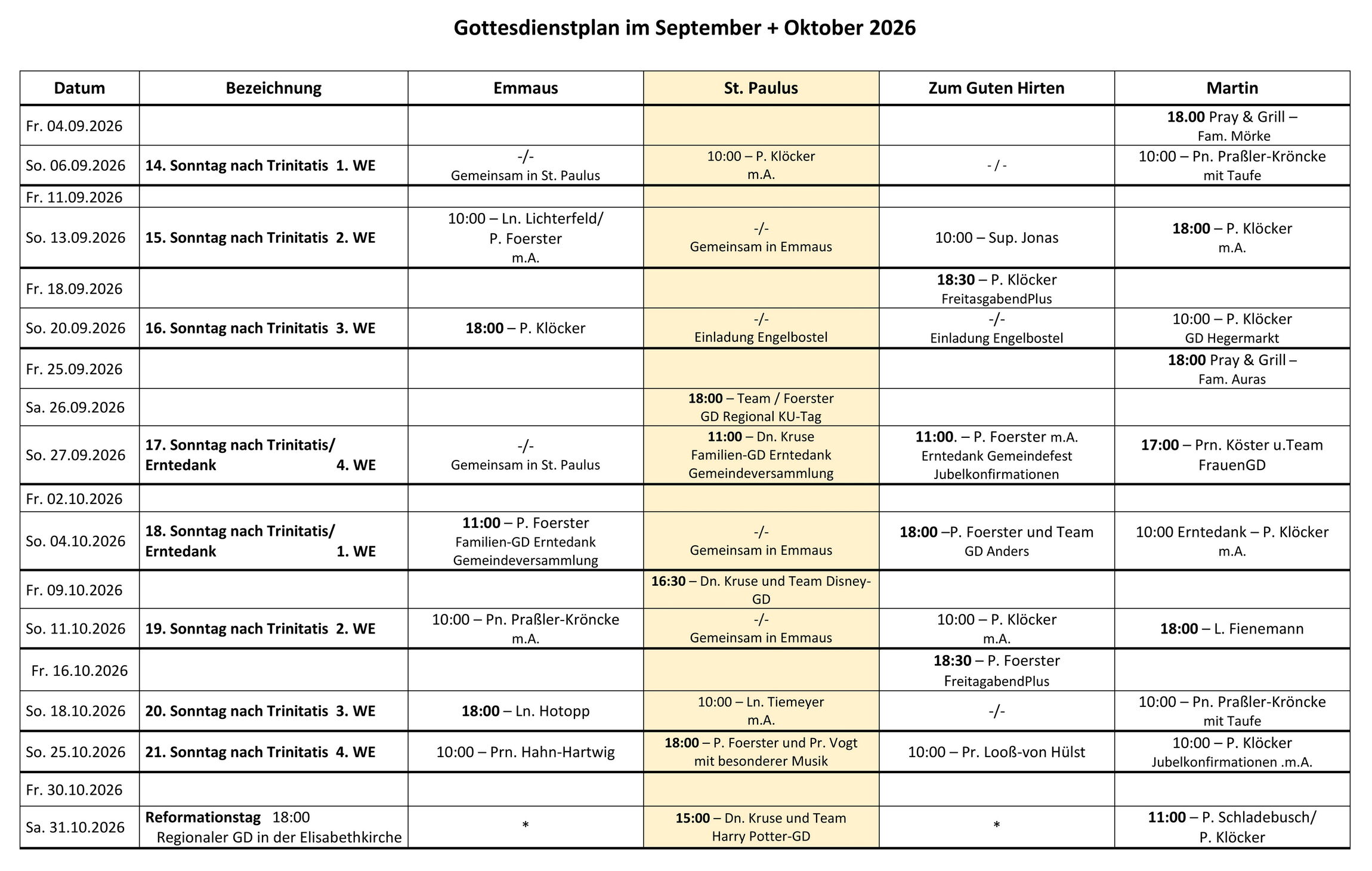 Gottesdienstplan September und Oktober